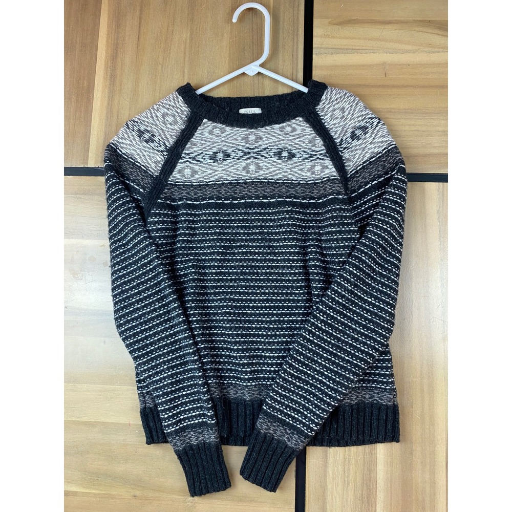Fossil Women's Medium Fair Isle Knit Sweater Black‎ Gray Winter Cozy